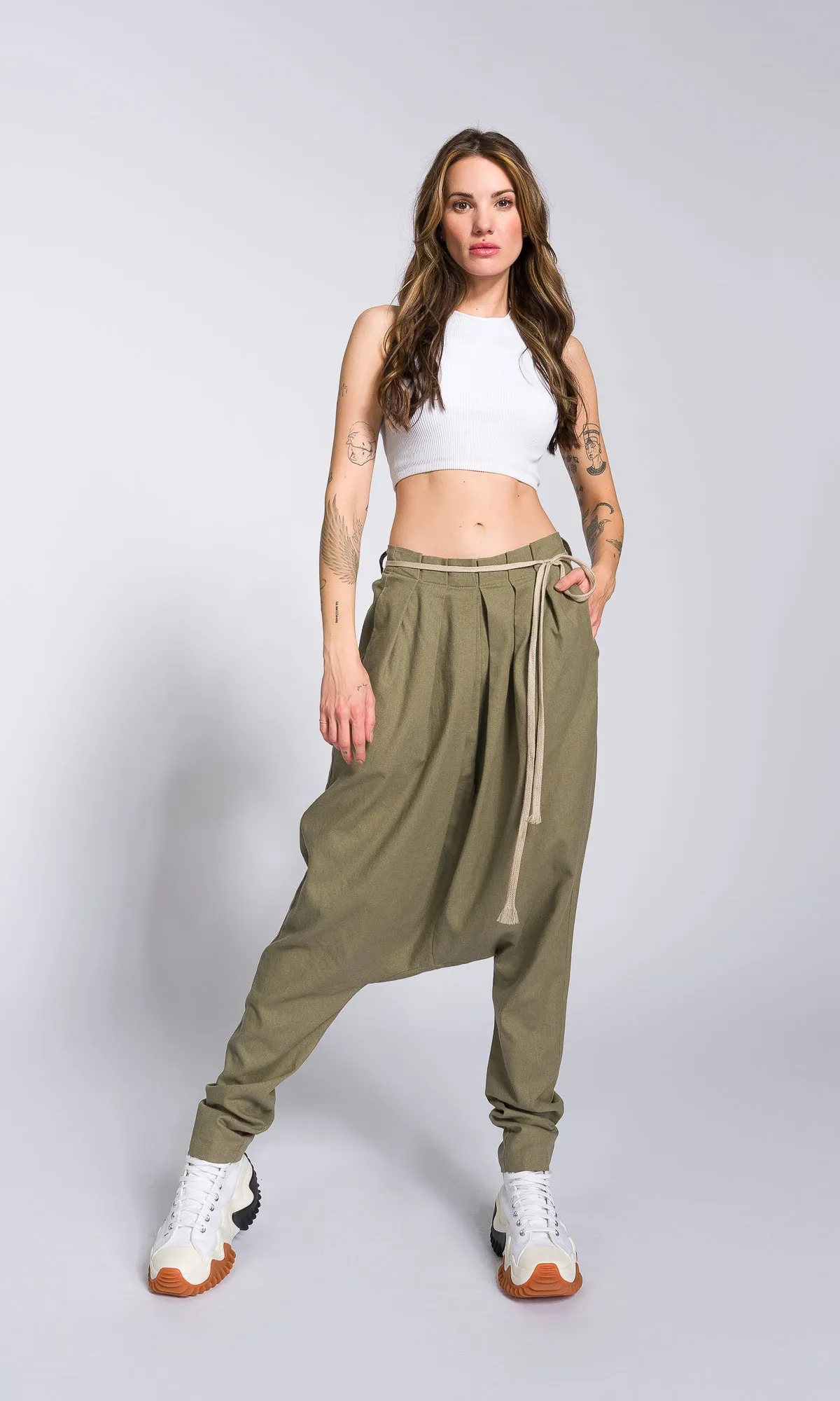 Linen Drop Crotch Pants with Front Pleats