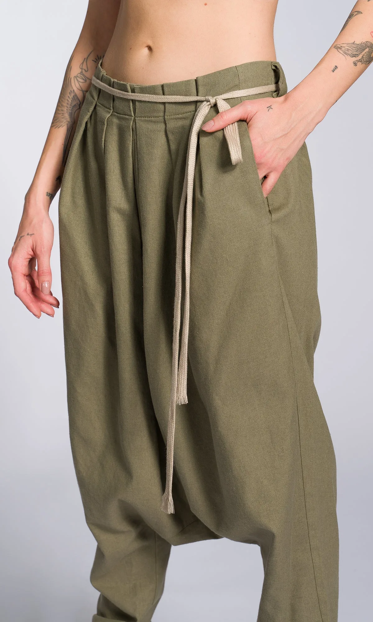 Linen Drop Crotch Pants with Front Pleats