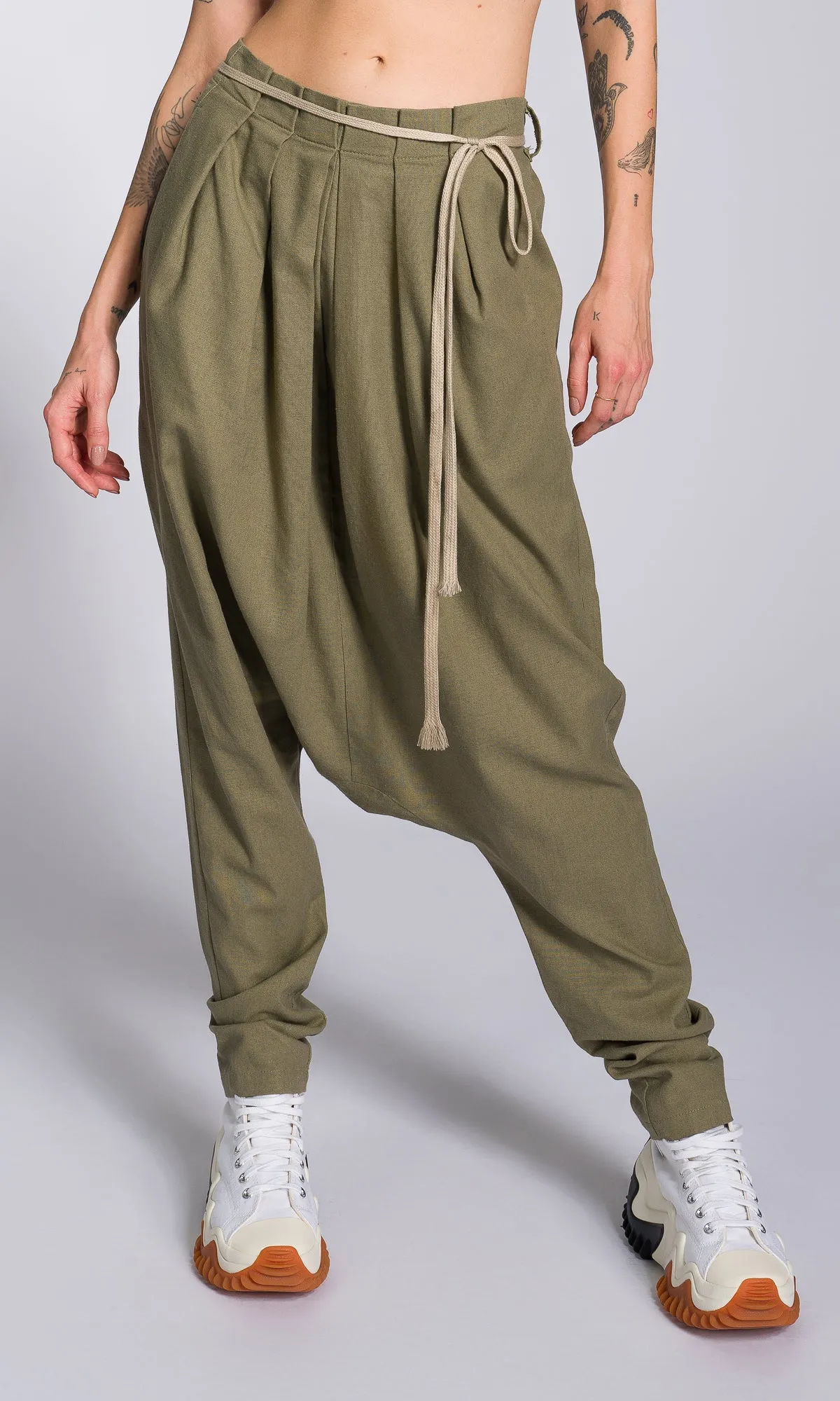 Linen Drop Crotch Pants with Front Pleats