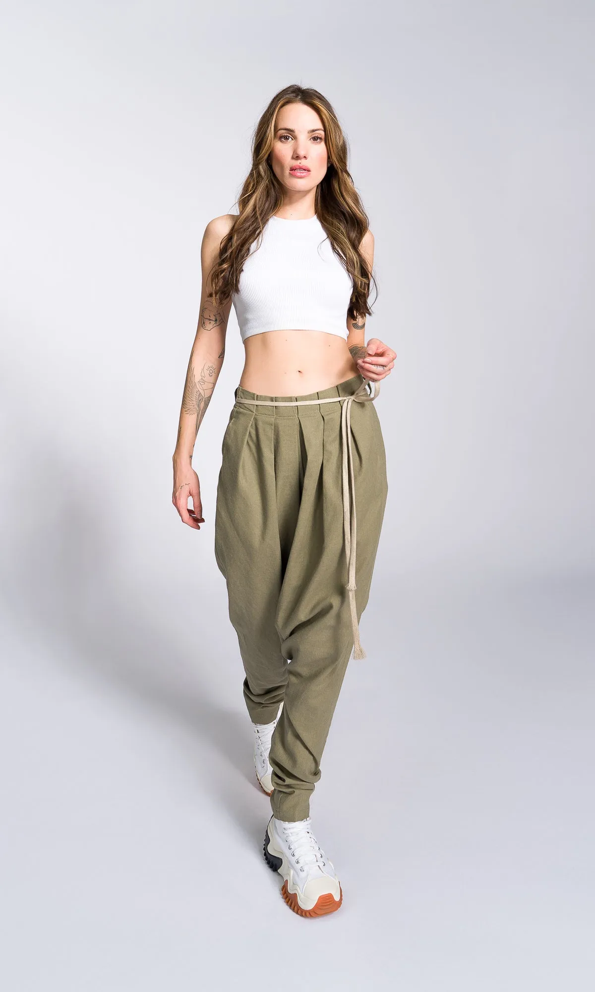 Linen Drop Crotch Pants with Front Pleats