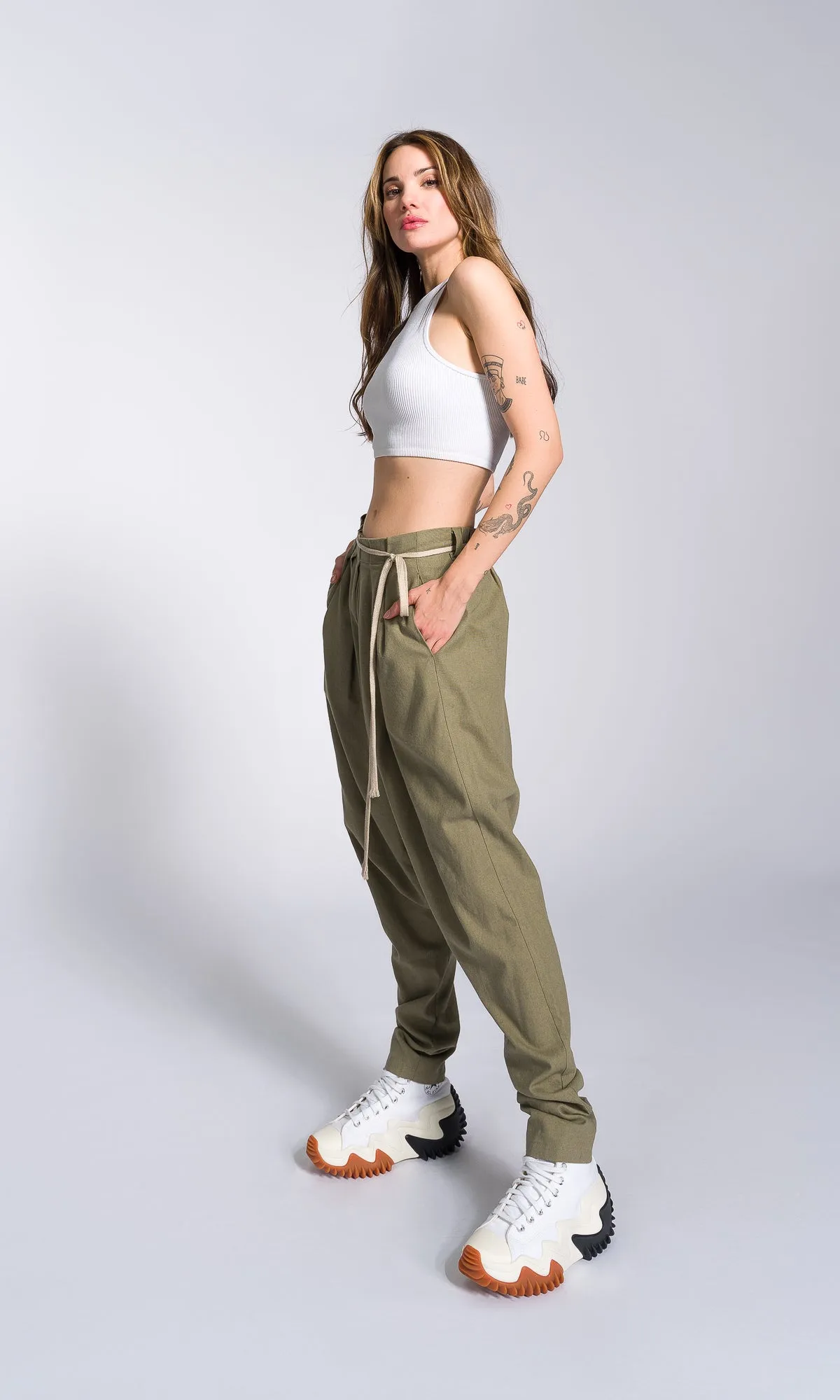 Linen Drop Crotch Pants with Front Pleats