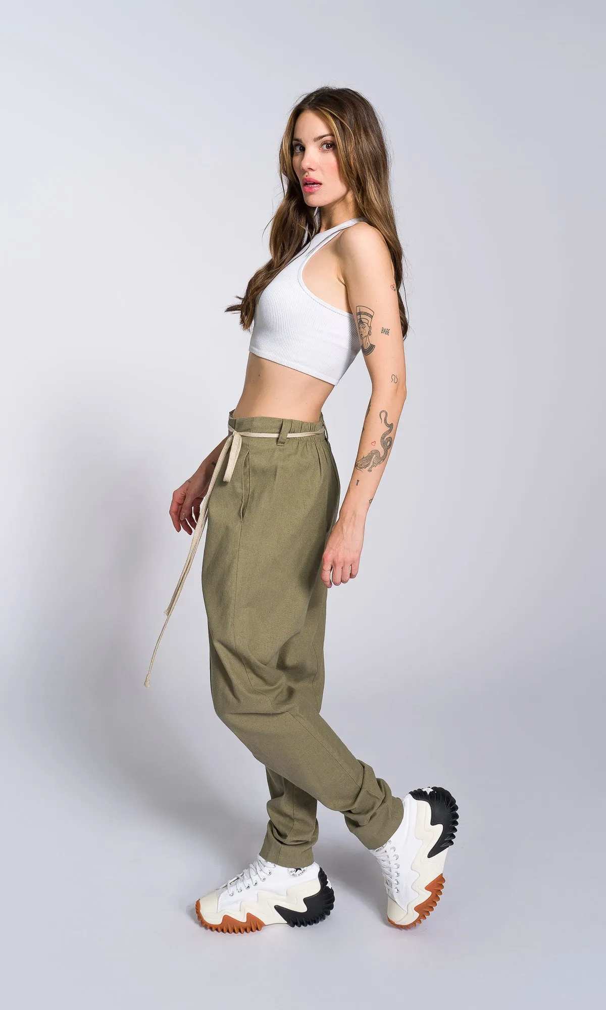 Linen Drop Crotch Pants with Front Pleats