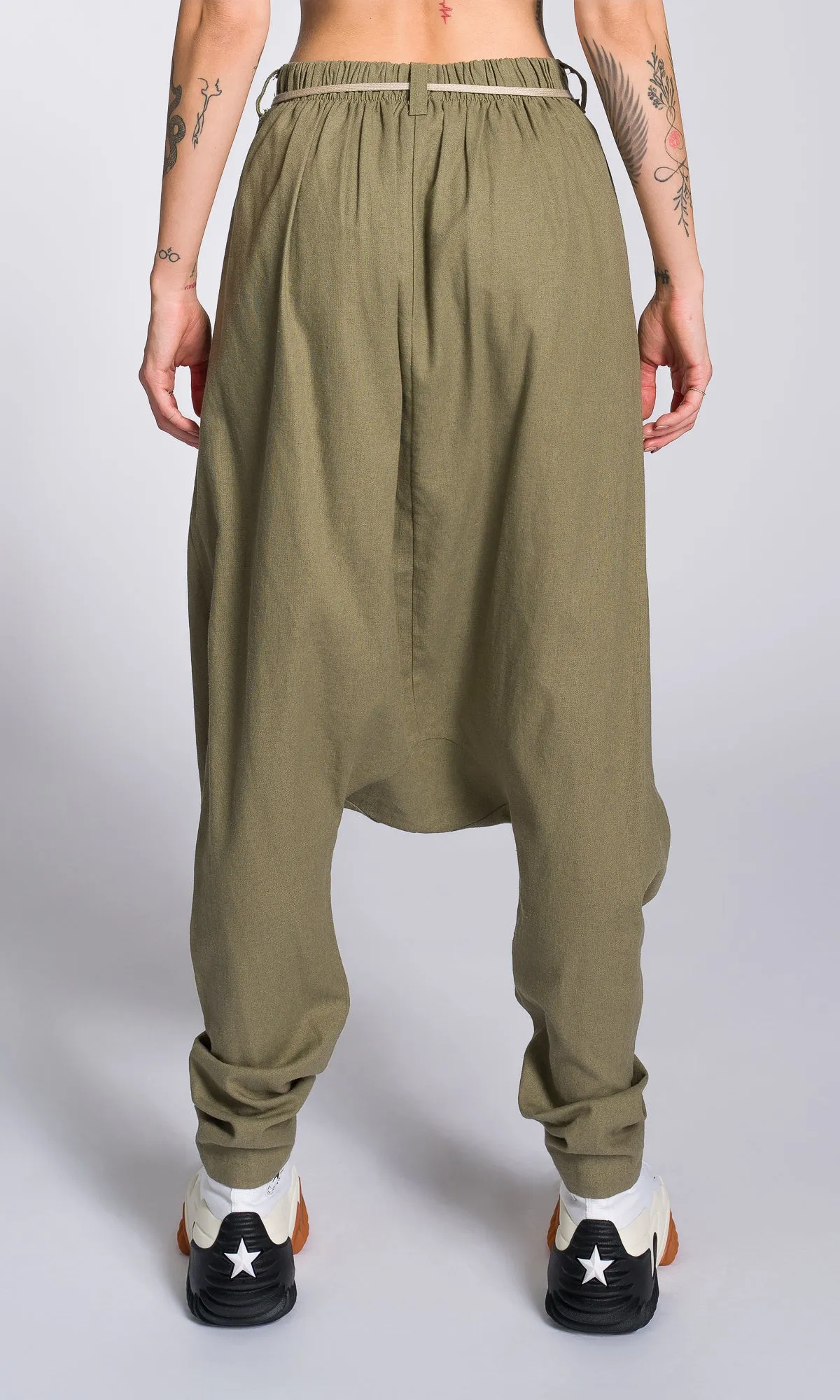 Linen Drop Crotch Pants with Front Pleats