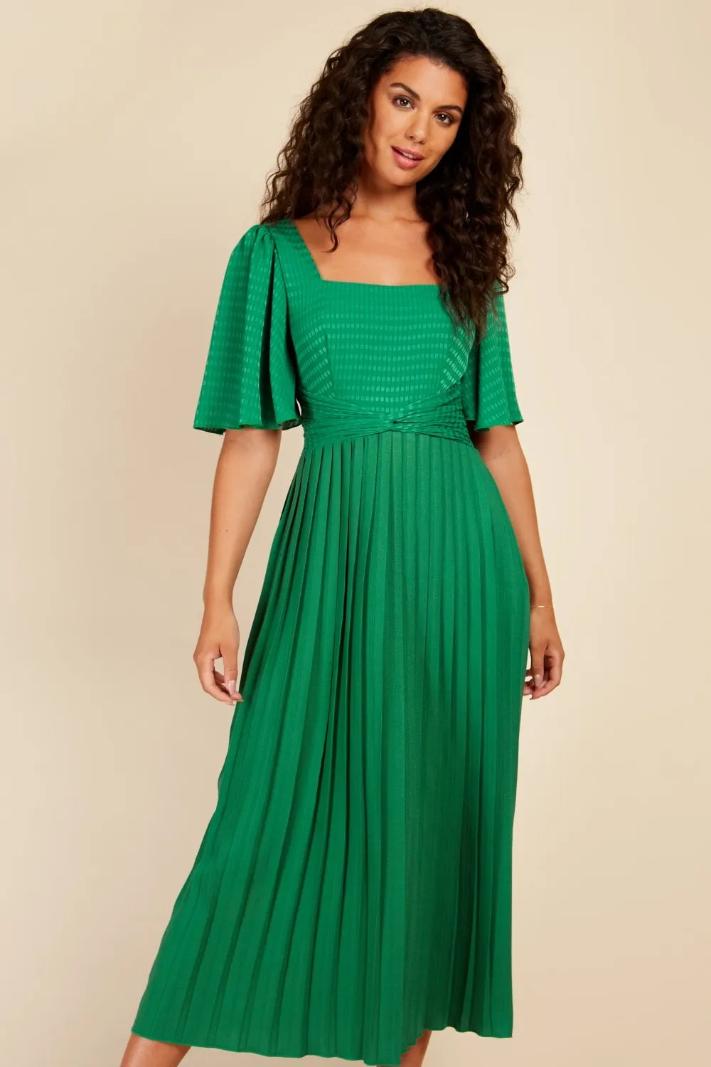 Little Mistress Green Check and Pleated Hem Midaxi Dress