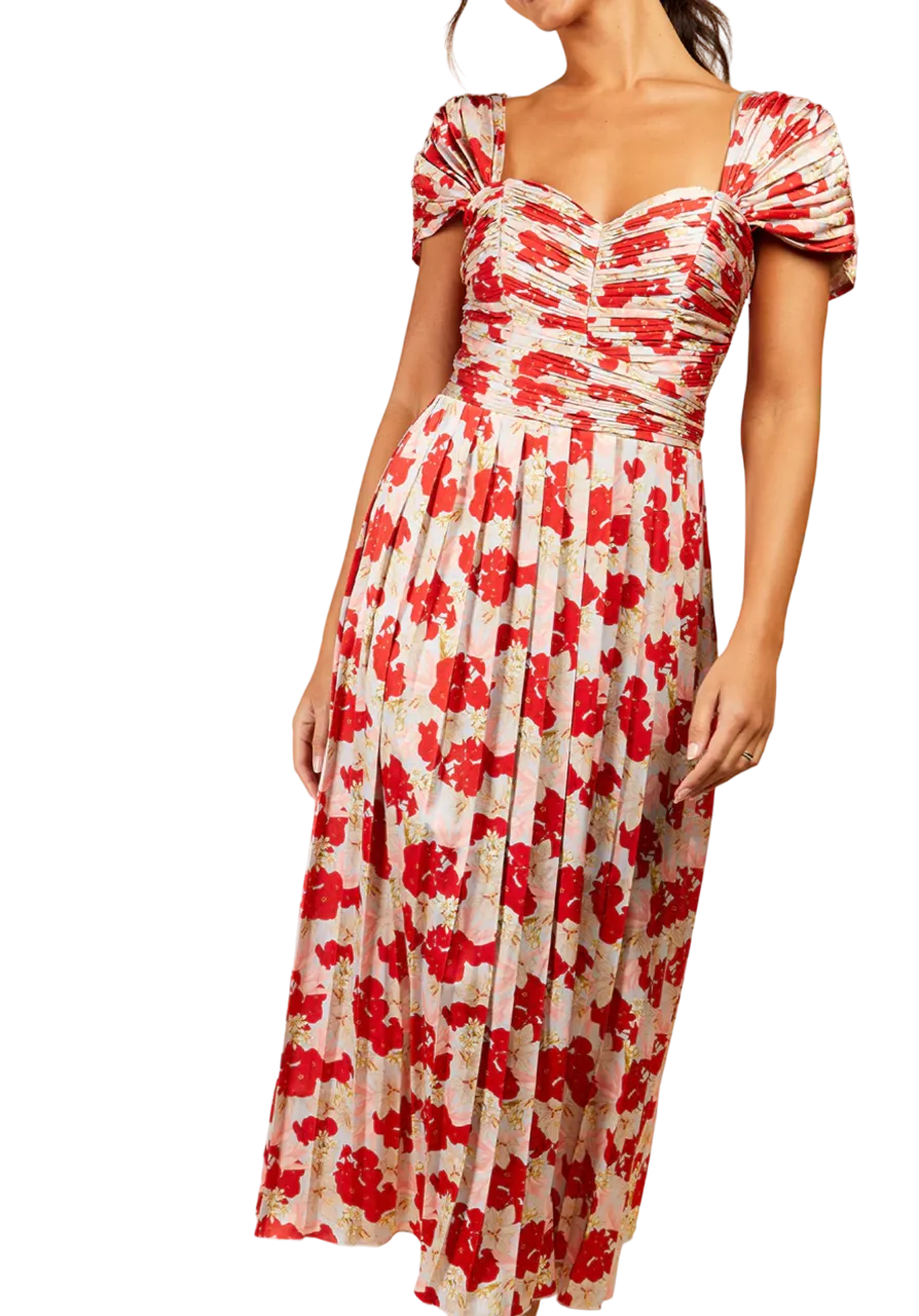 Little Mistress Red Jackson Floral Print Pleated Midaxi Dress UK 10