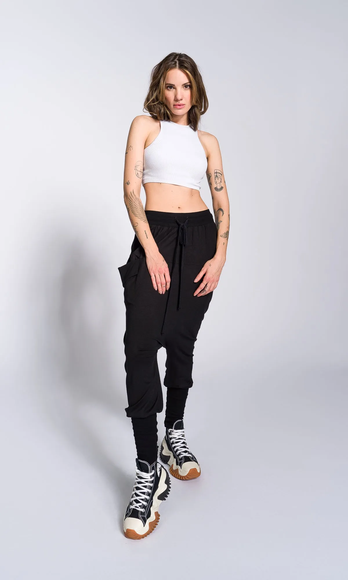 Loose Drop Crotch Pants with Ribbed Cuffs