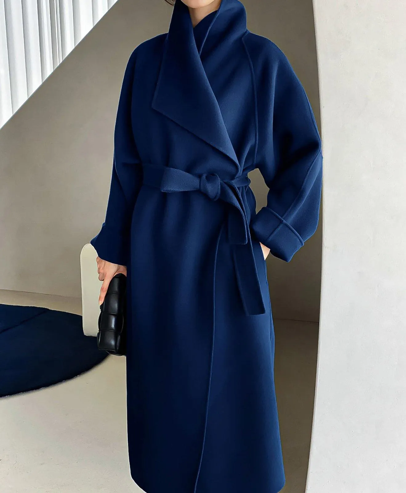 Loose Wrap Belted Wool Blend Long Coat