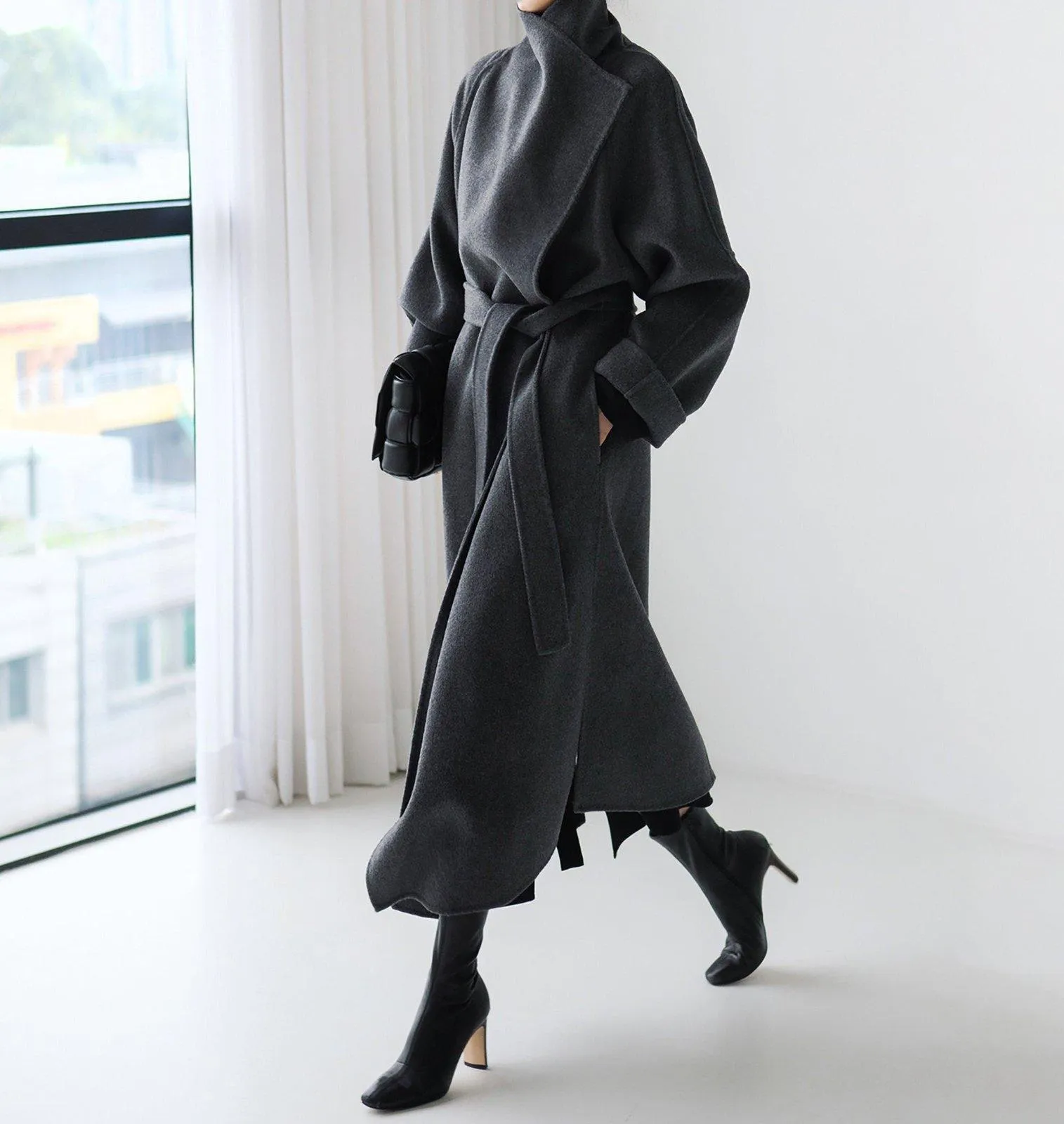 Loose Wrap Belted Wool Blend Long Coat