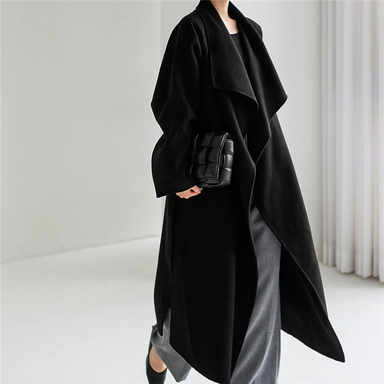 Loose Wrap Belted Wool Blend Long Coat