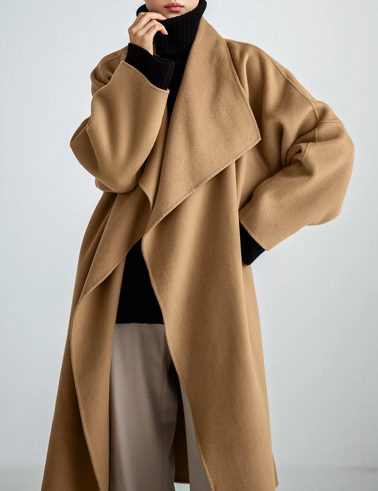 Loose Wrap Belted Wool Blend Long Coat