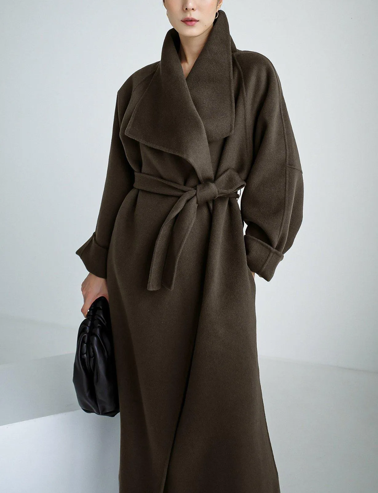 Loose Wrap Belted Wool Blend Long Coat