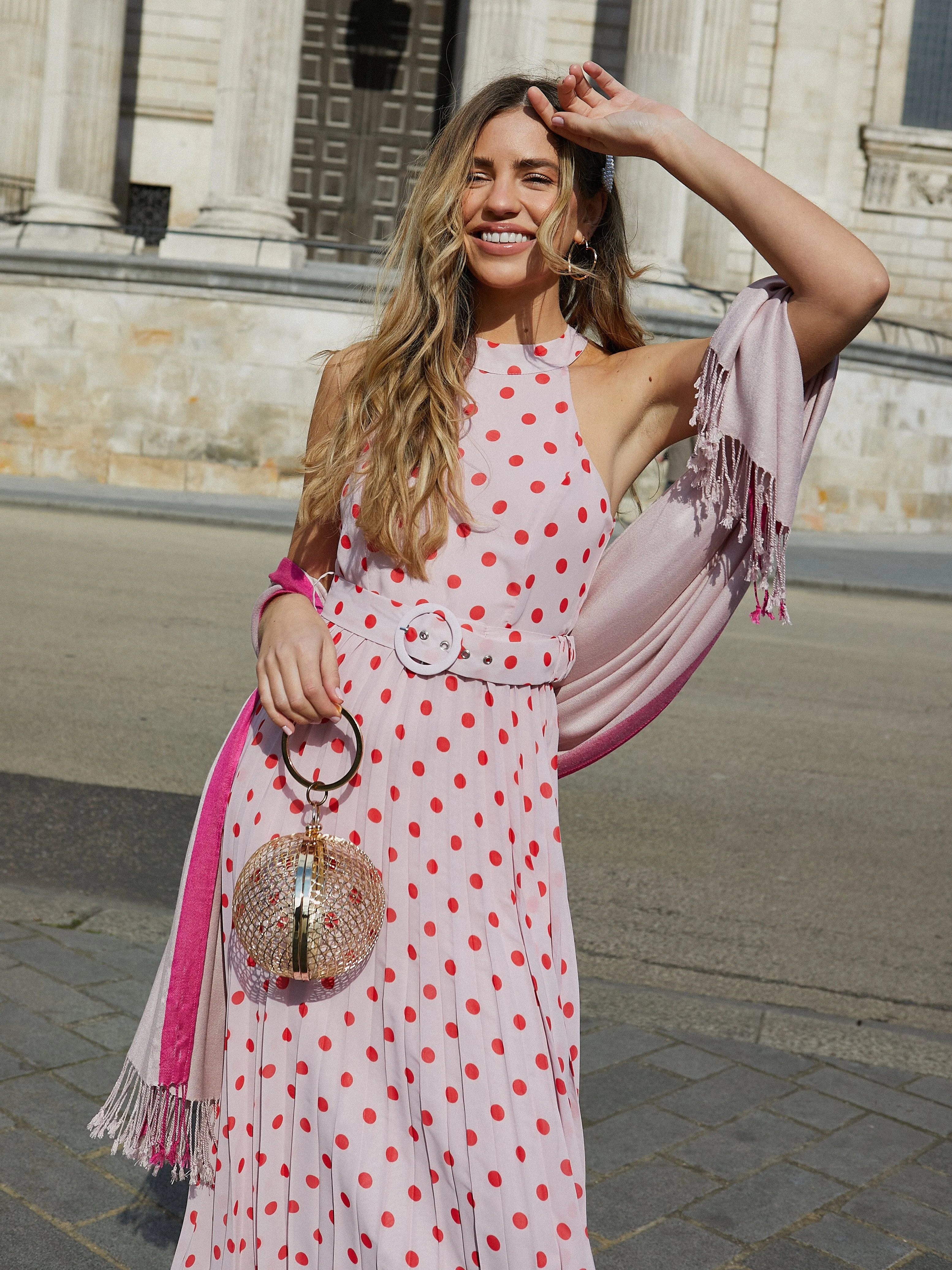 Luisa Belted Pleated Maxi Dress / Pink And Red Spot Print