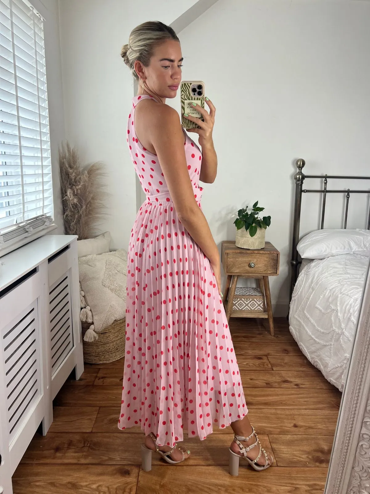 Luisa Belted Pleated Maxi Dress / Pink And Red Spot Print