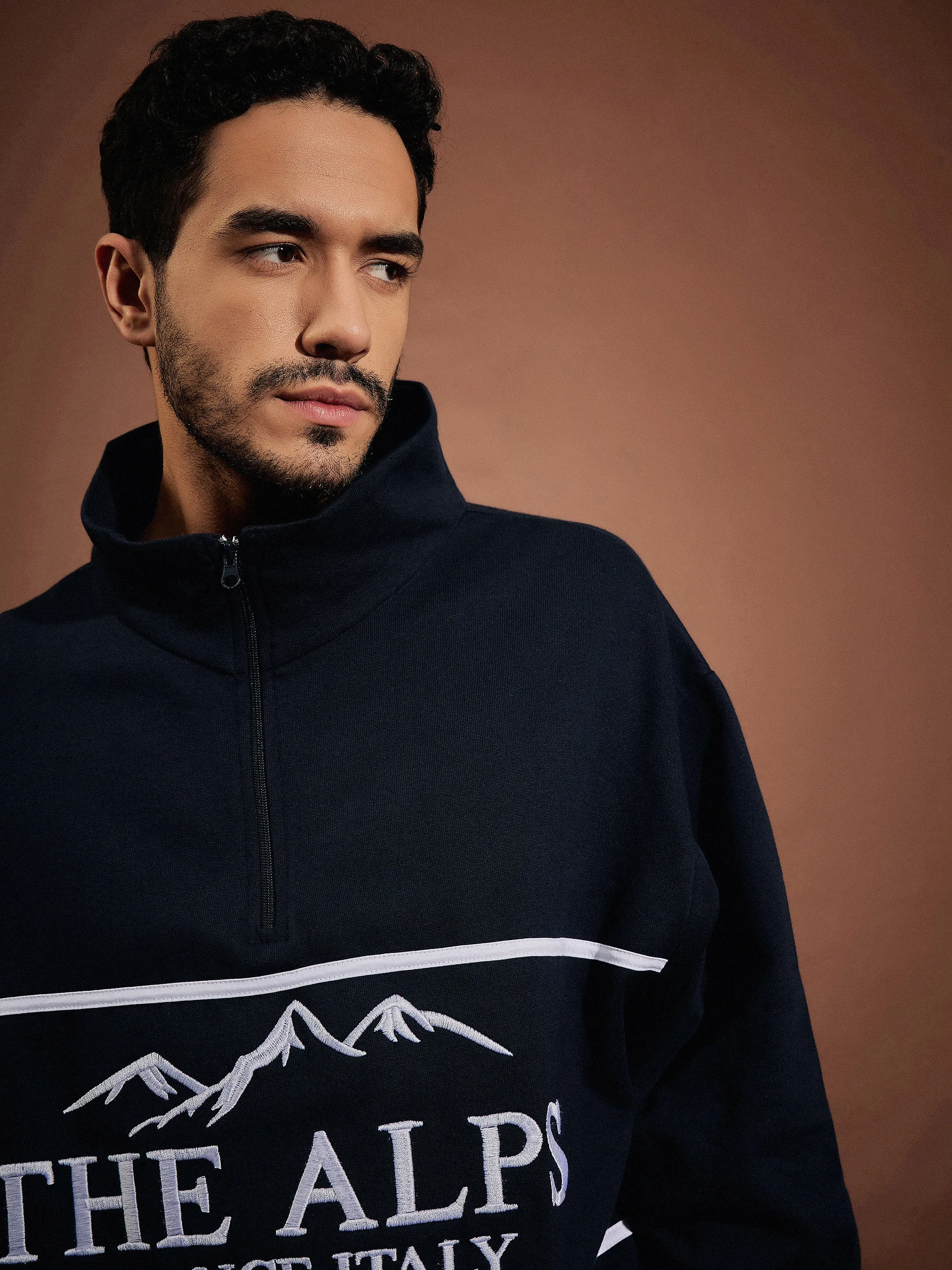 Men Navy THE ALPS Front Zipper Oversized Sweatshirt