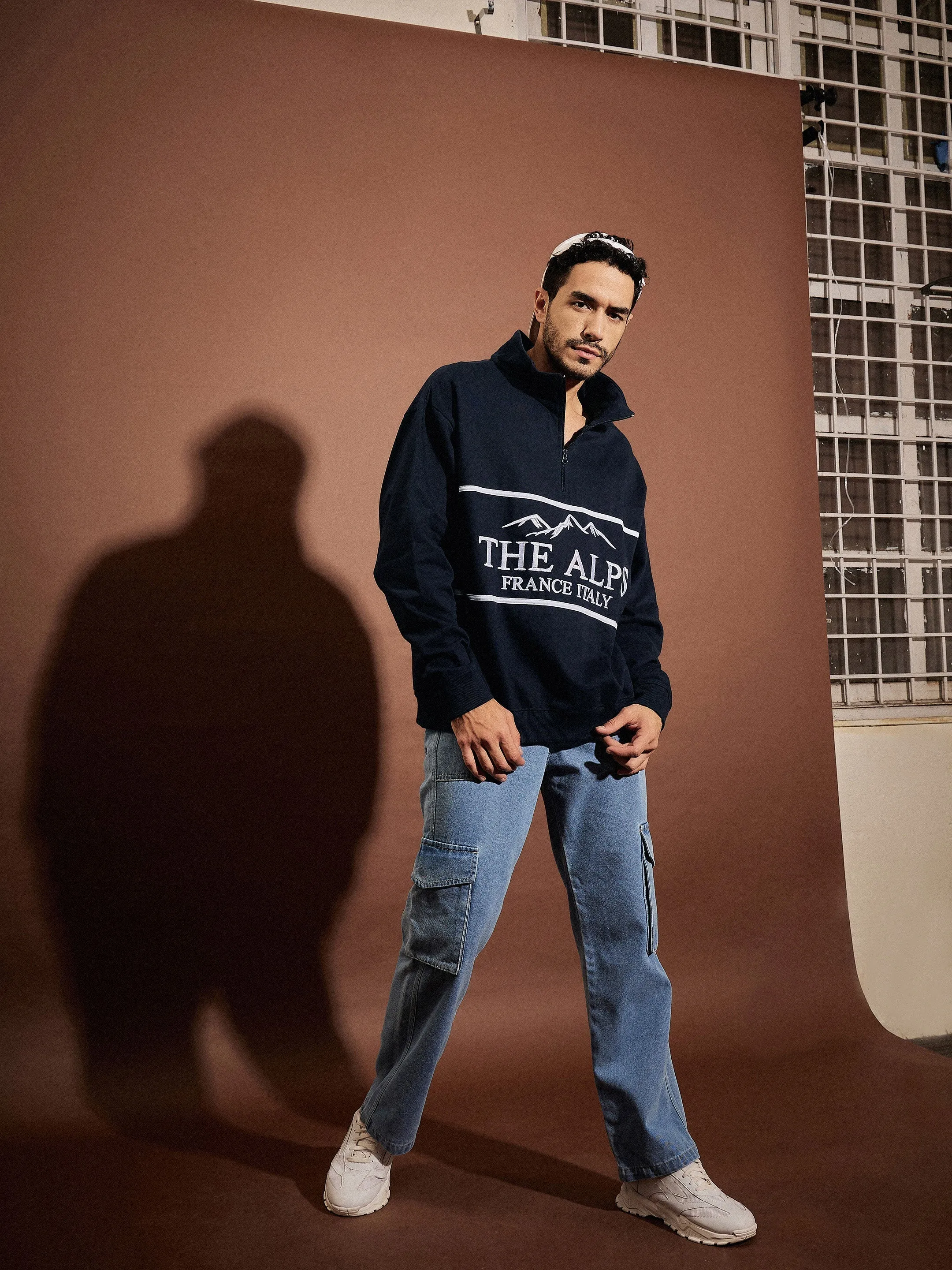 Men Navy THE ALPS Front Zipper Oversized Sweatshirt