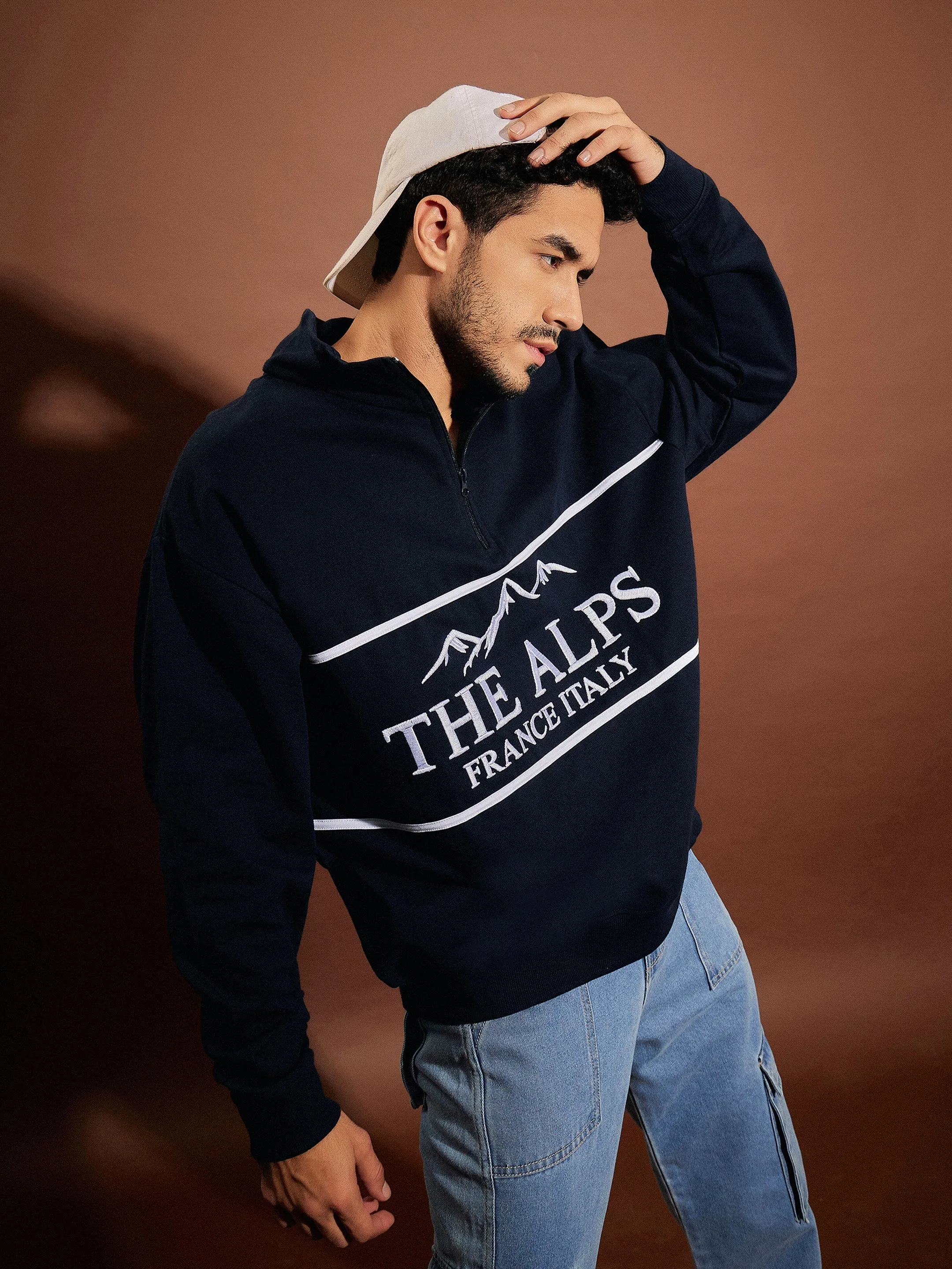 Men Navy THE ALPS Front Zipper Oversized Sweatshirt