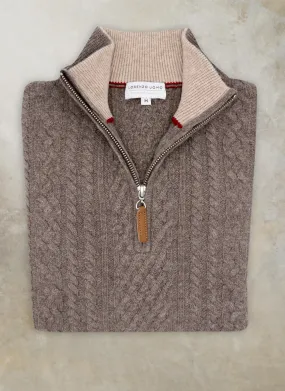 Men's Aalborg Cable Quarter Zip Cashmere Sweater in Light Brown Heather