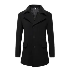 Men's Elegant Black Wool Blend Mid-Length Overcoat