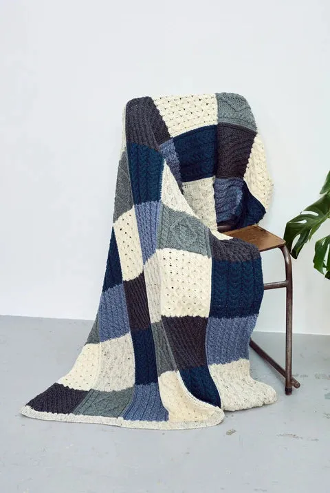 Merino Patchwork Throw - Killala Aran Intarsia - Blue