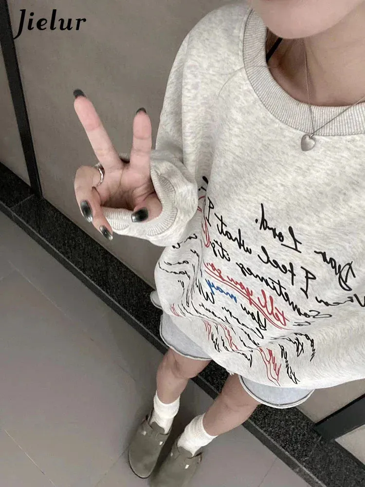 Metaversmall Loose O-neck Pullovers Chicly Letter Printing Warm Female Hoodies Basic Simple Casual Fashion Solid Color Women Hoodies