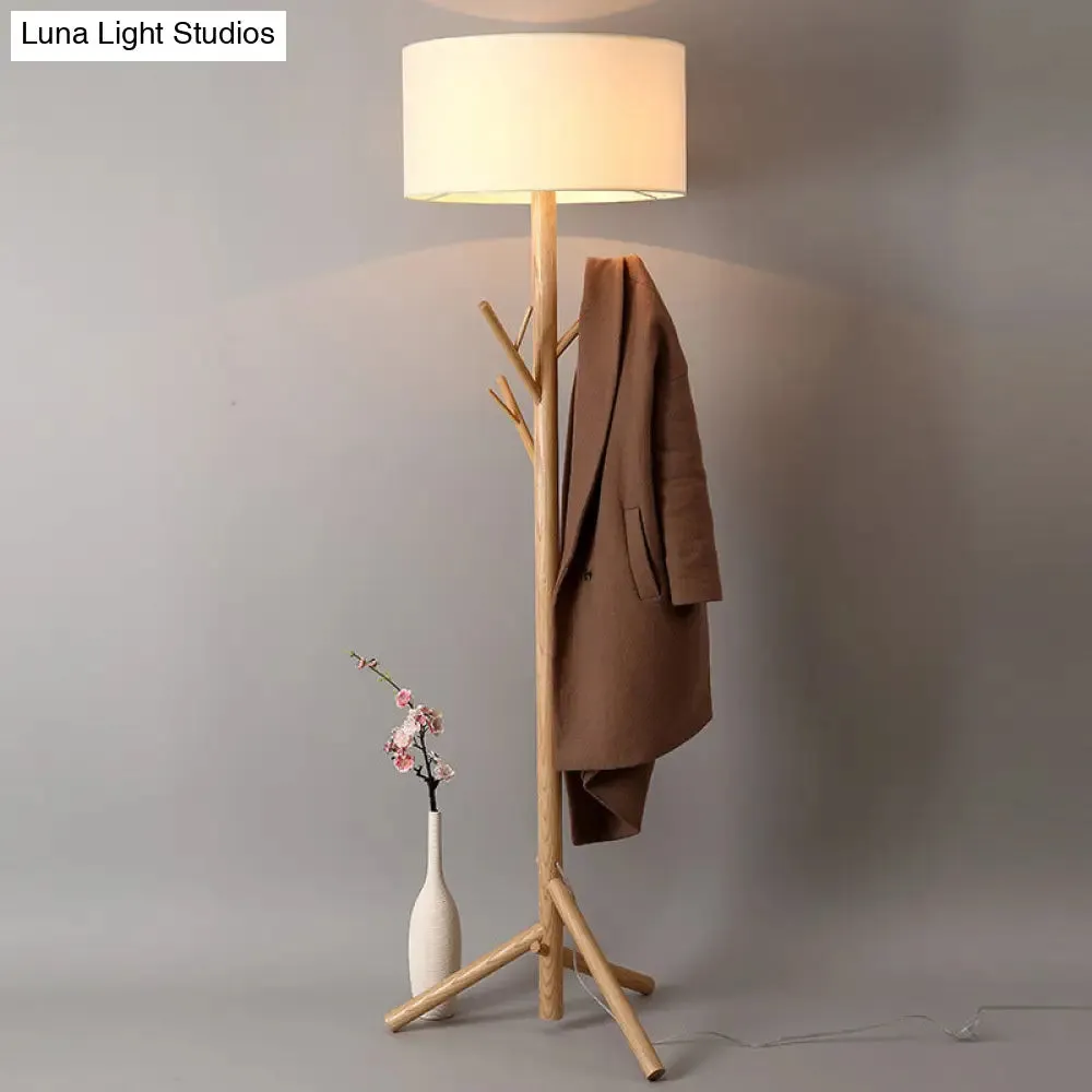 Minimalist Fabric Drum Floor Lamp with Wood Coat Rack - 1 Head Bedroom Floor Lighting