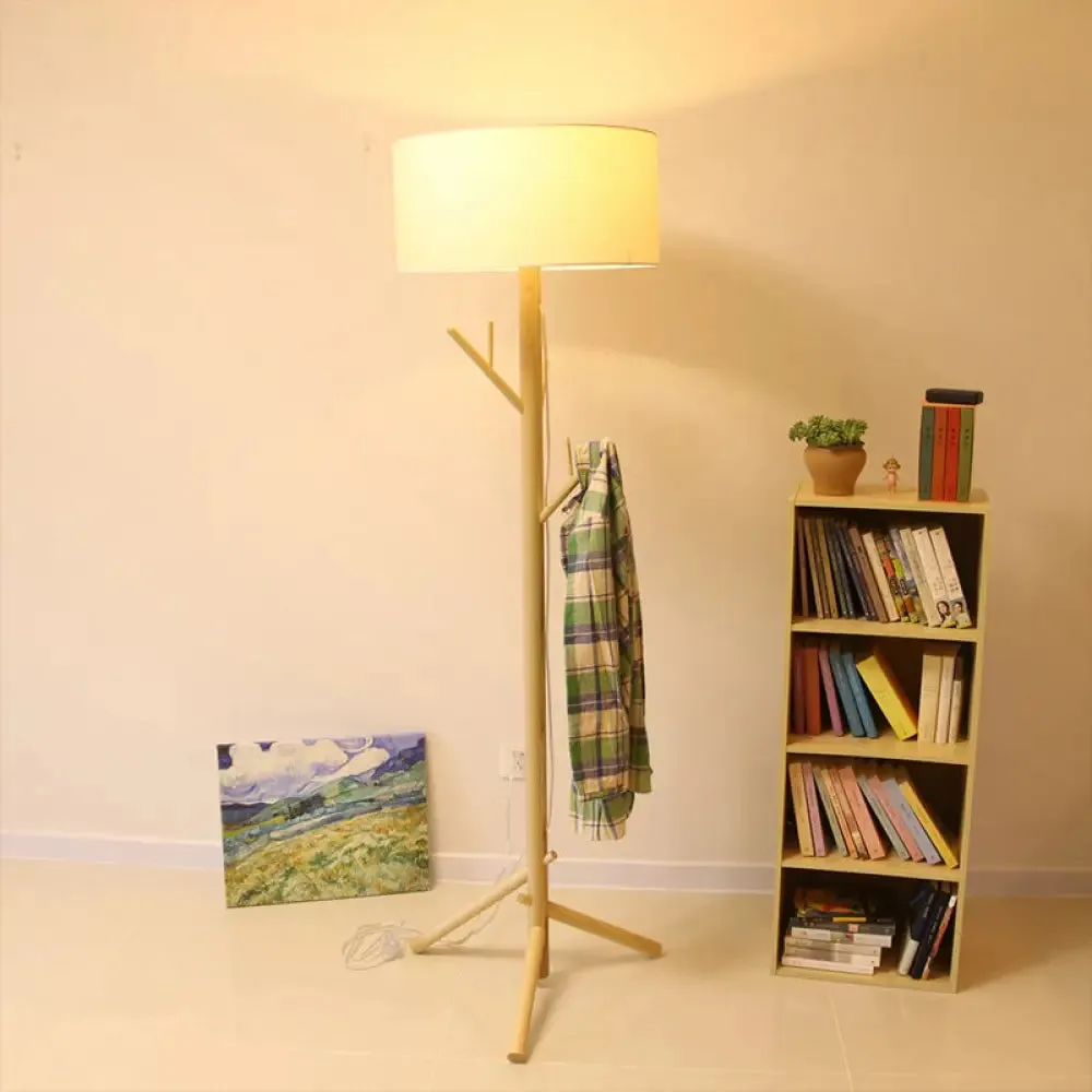 Minimalist Fabric Drum Floor Lamp with Wood Coat Rack - 1 Head Bedroom Floor Lighting