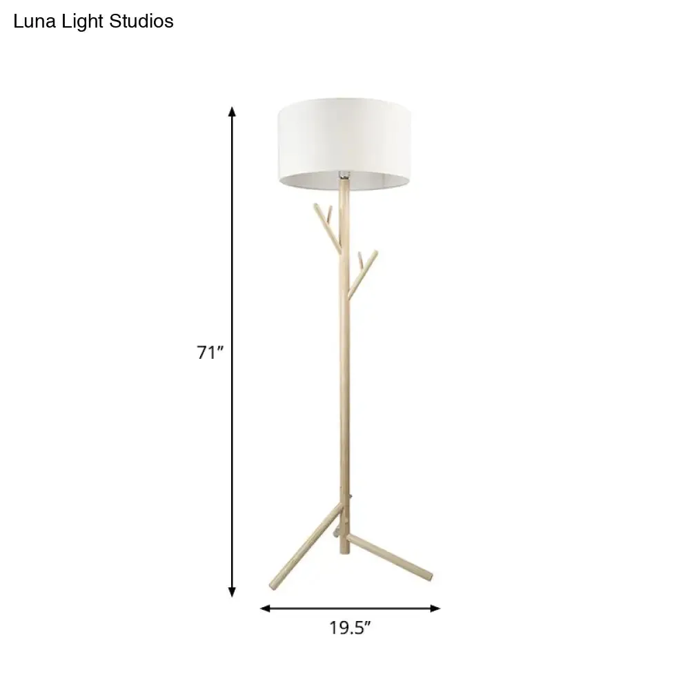 Minimalist Fabric Drum Floor Lamp with Wood Coat Rack - 1 Head Bedroom Floor Lighting