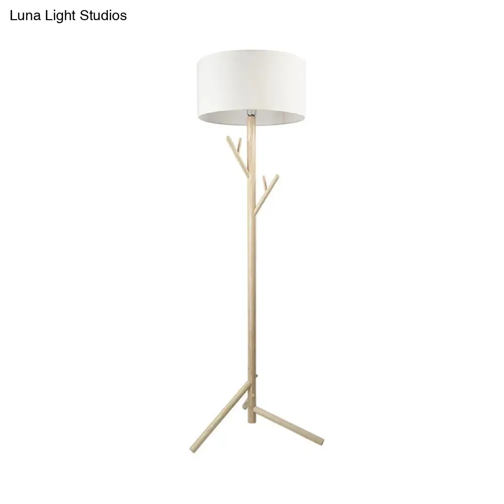 Minimalist Fabric Drum Floor Lamp with Wood Coat Rack - 1 Head Bedroom Floor Lighting