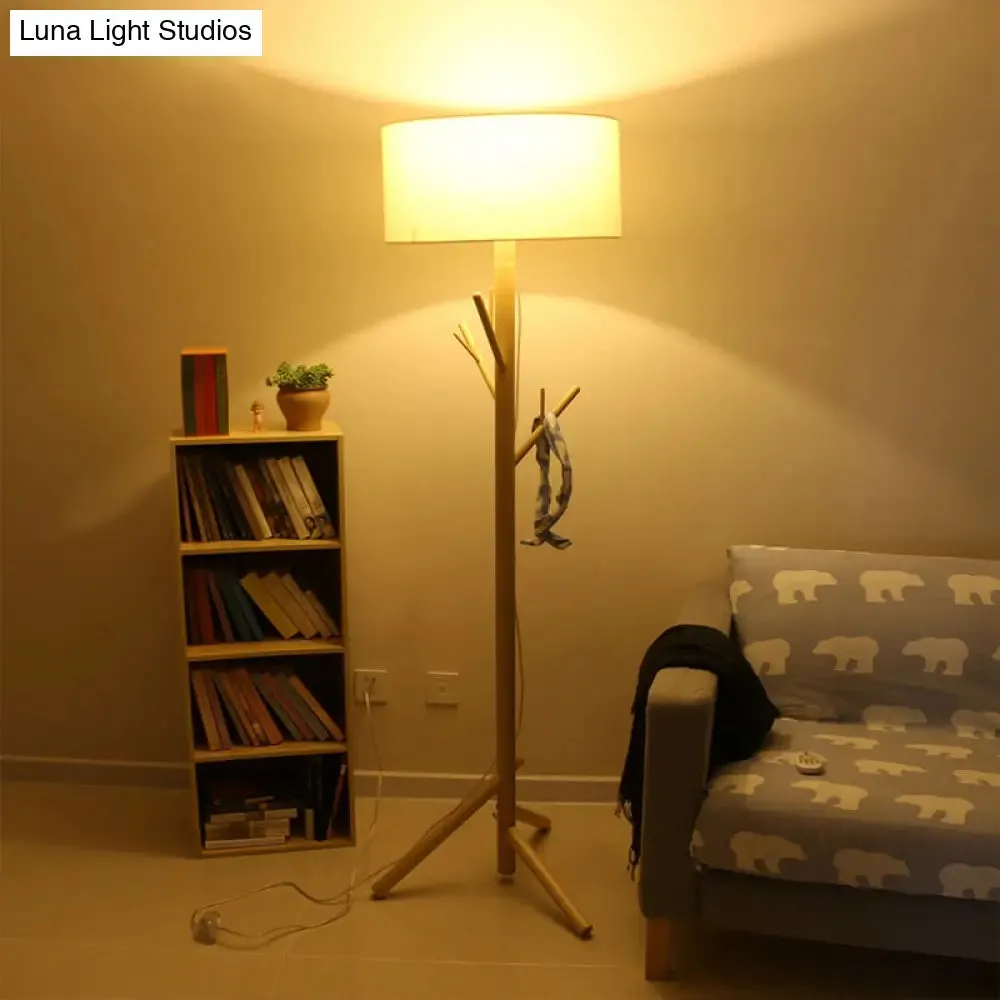 Minimalist Fabric Drum Floor Lamp with Wood Coat Rack - 1 Head Bedroom Floor Lighting