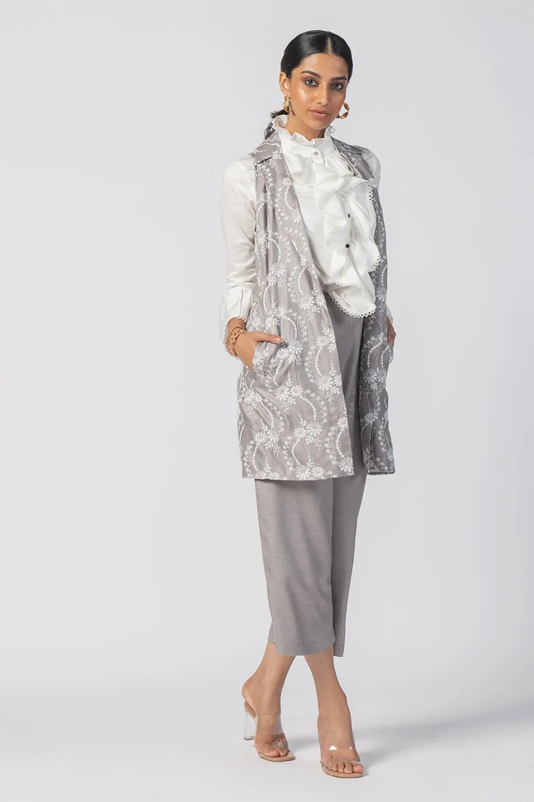 Mulmul Wool Tiare Grey Jacket With Tiare Grey Pant Co-Ord Set