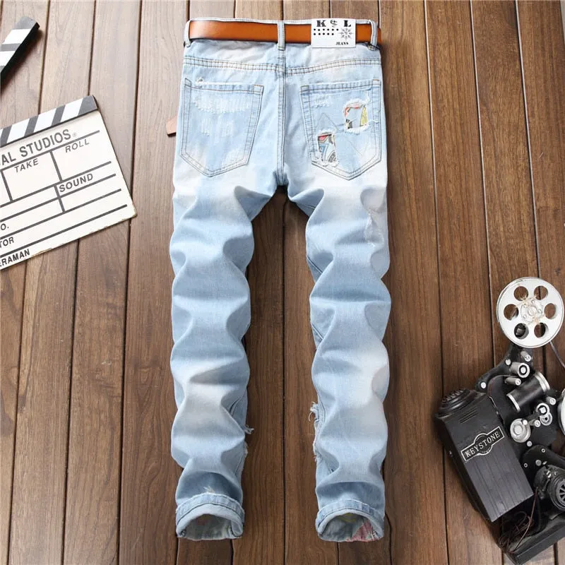 Multicolor Patchwork Ripped Men Light Wash Jeans