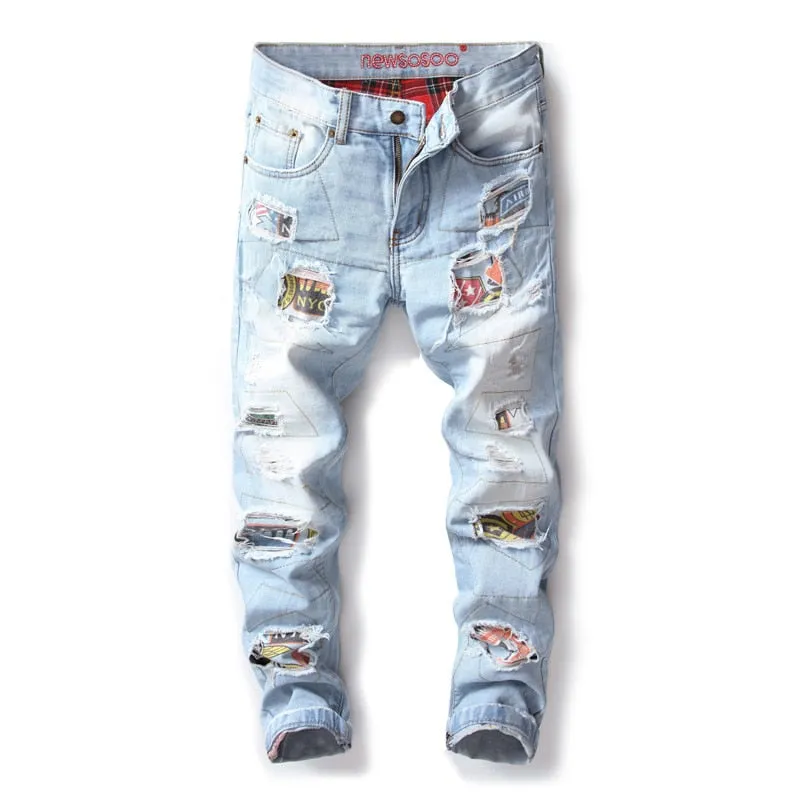 Multicolor Patchwork Ripped Men Light Wash Jeans