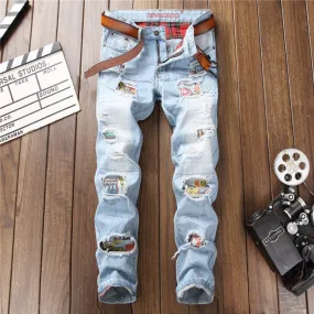 Multicolor Patchwork Ripped Men Light Wash Jeans