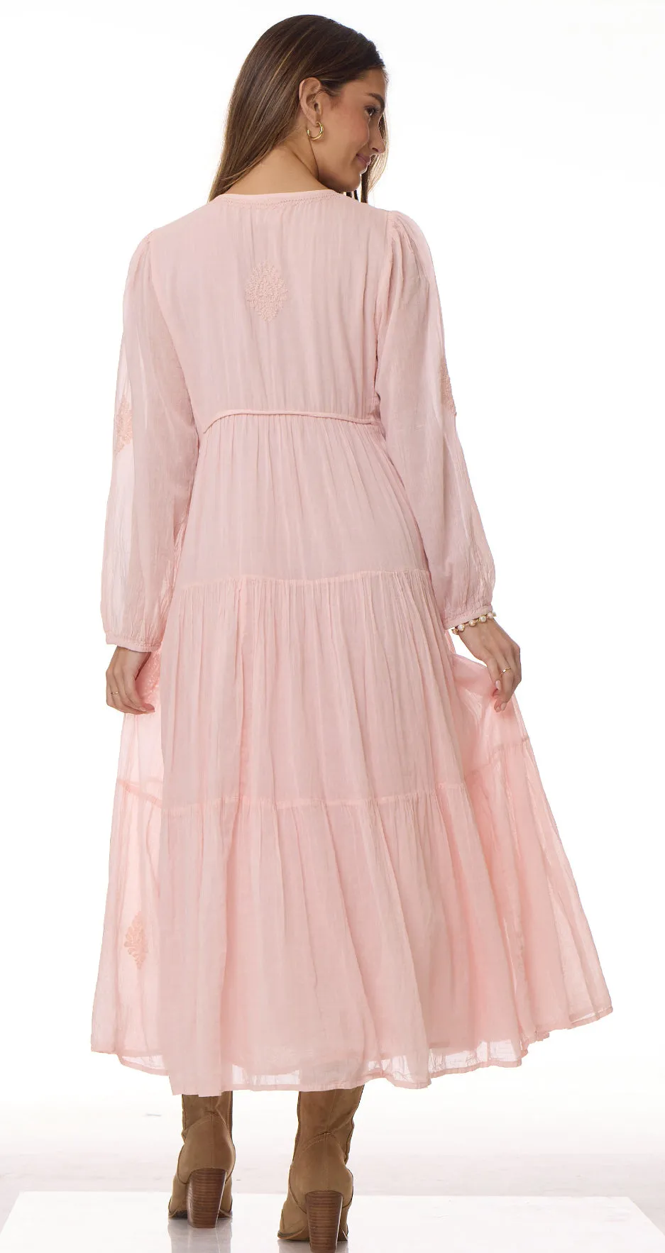 Mylene Embroidered Maxi Dress Long Sleeves Peach