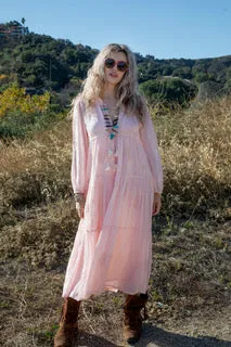 Mylene Embroidered Maxi Dress Long Sleeves Peach