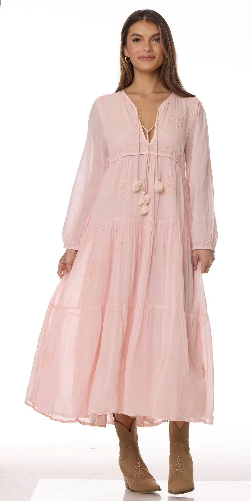 Mylene Embroidered Maxi Dress Long Sleeves Peach