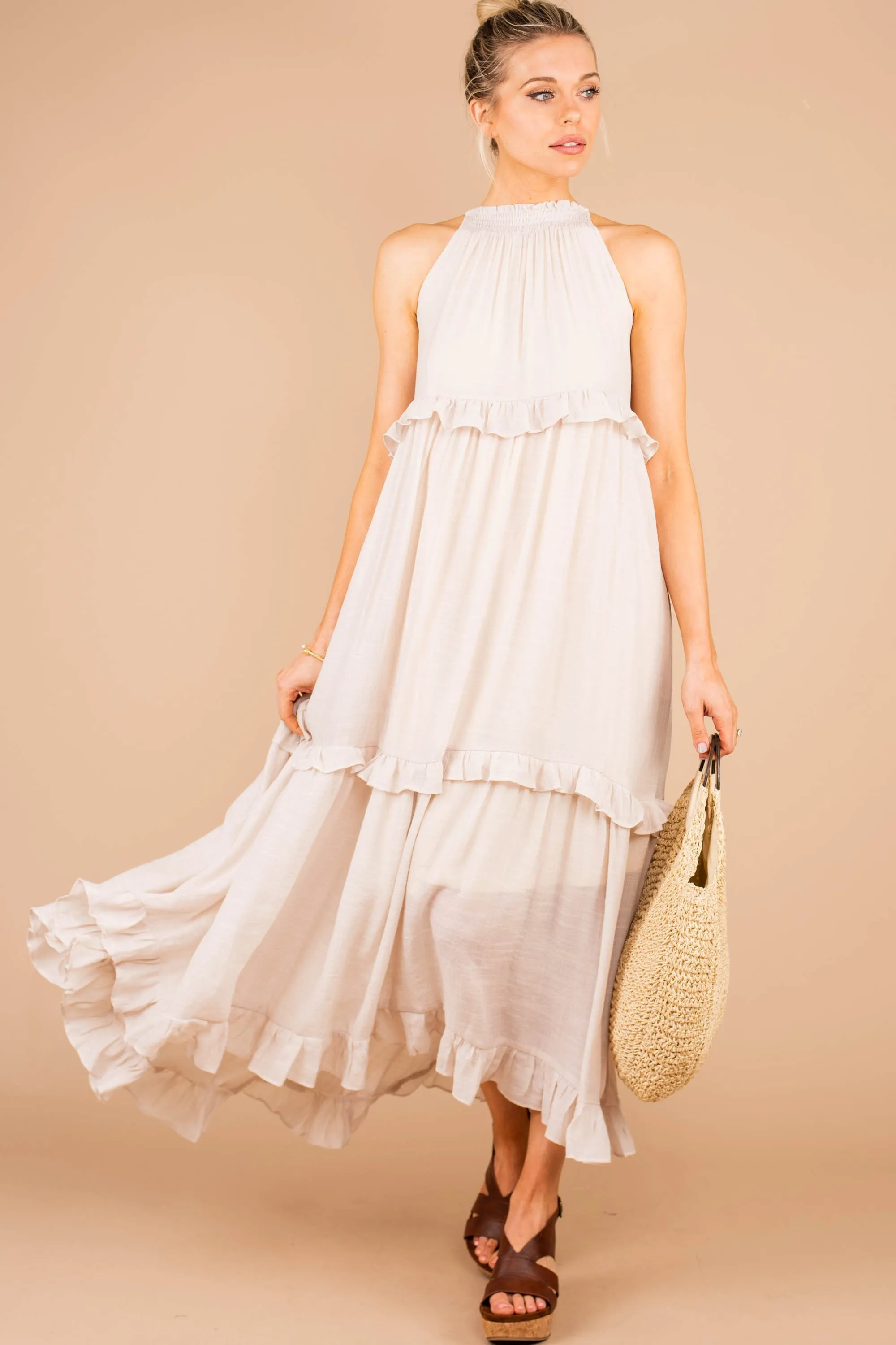 Need You Here Champagne White Halter Maxi Dress