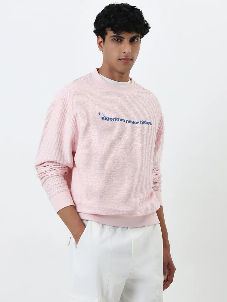 Nuon Light Pink Text Design Relaxed-Fit Cotton Sweatshirt