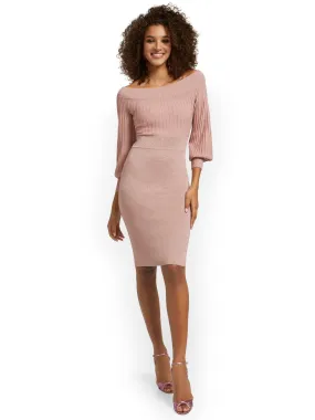 Off-The-Shoulder Metallic Sweater Sheath Dress