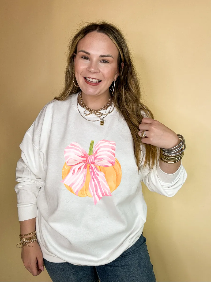 Online Exclusive |  Bow-tastic Orange Pumpkin with Giant Pink Bow Graphic Sweatshirt in Multiple Color Options