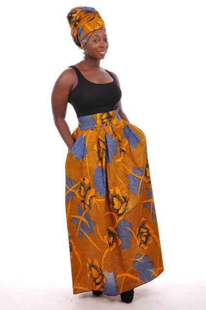 Orange Blue Print high wasited Long Pleated Skirt-DP3310SK