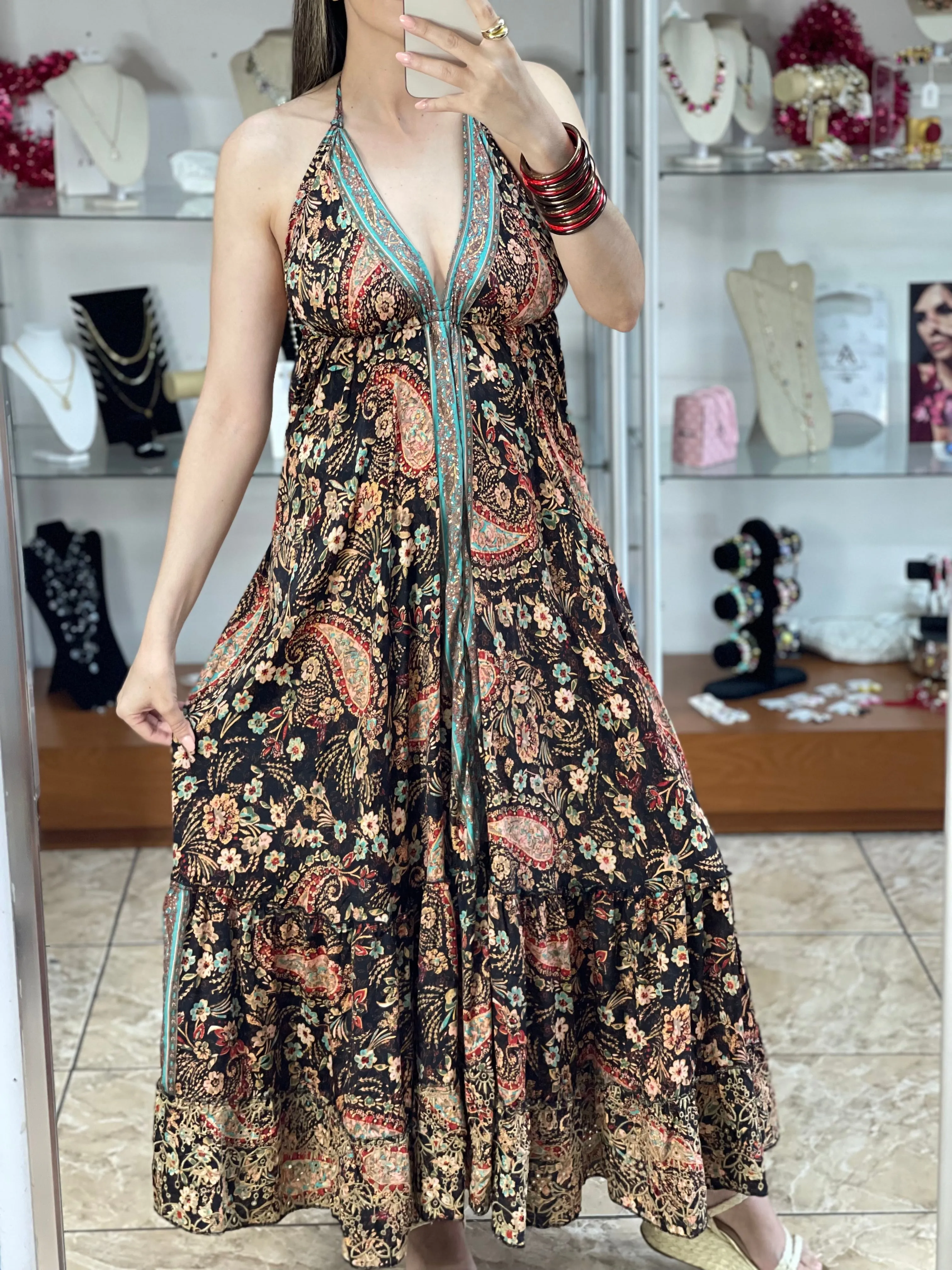 Paisley With Eyelet Details Maxi Dress