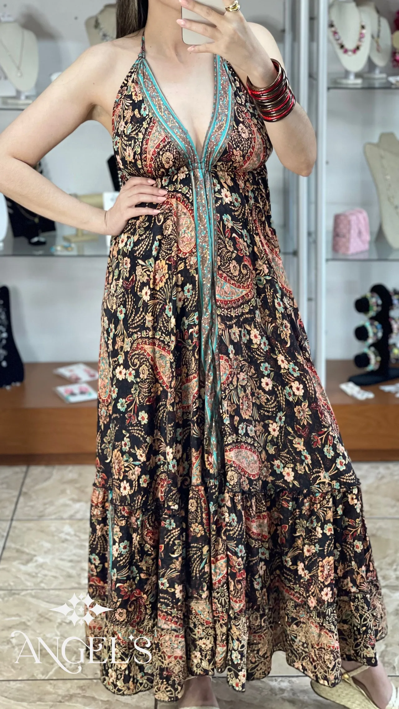 Paisley With Eyelet Details Maxi Dress