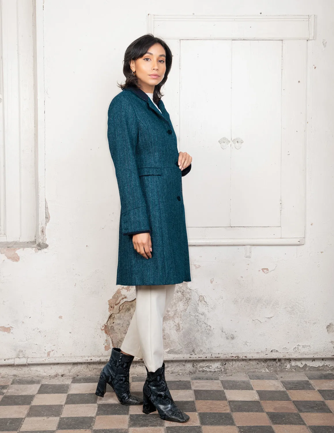 Pamela Tweed Coat - Aqua Marine Herringbone