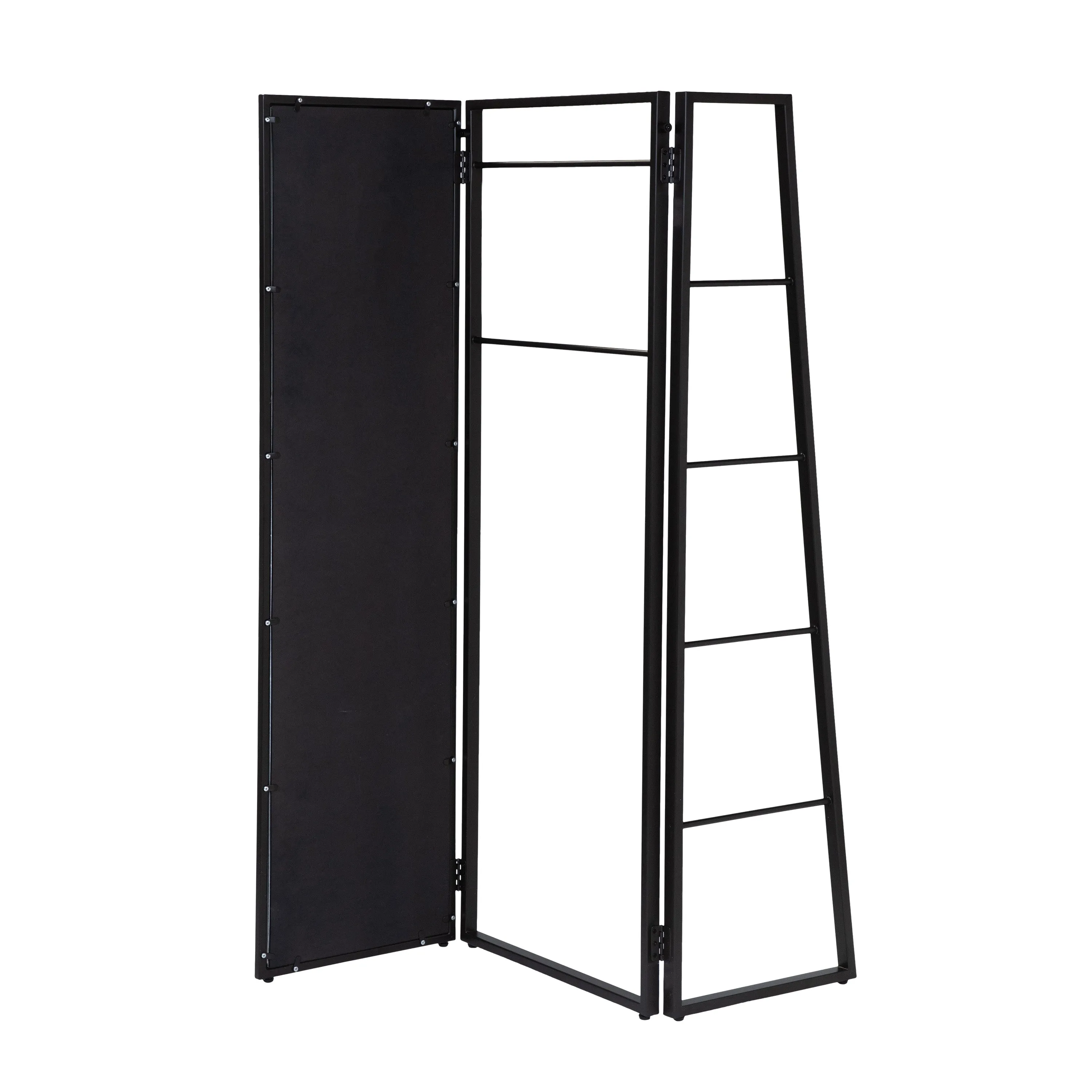 Parry Black Powder Coated Studio Tri-Fold Coat Rack with Mirror