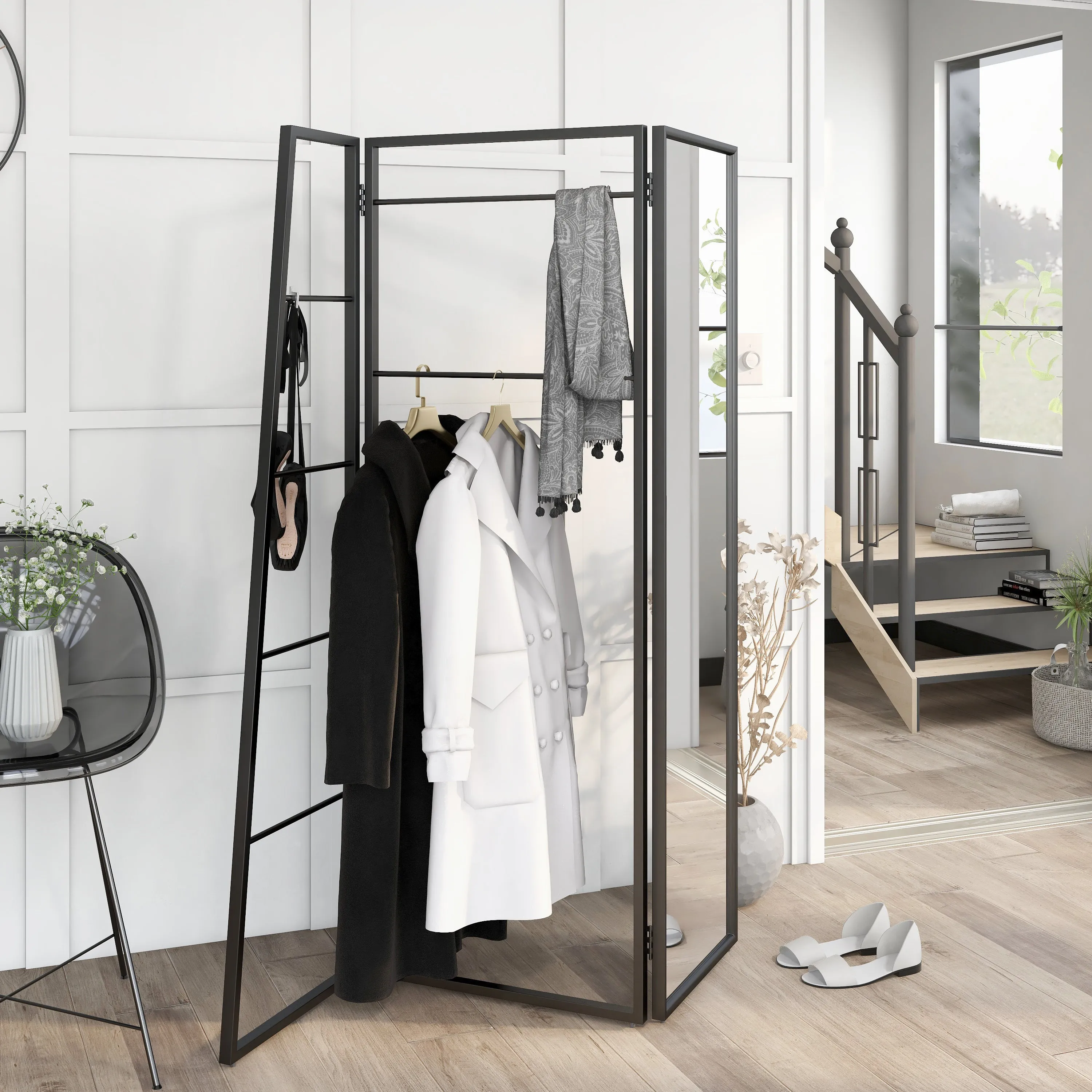 Parry Black Powder Coated Studio Tri-Fold Coat Rack with Mirror