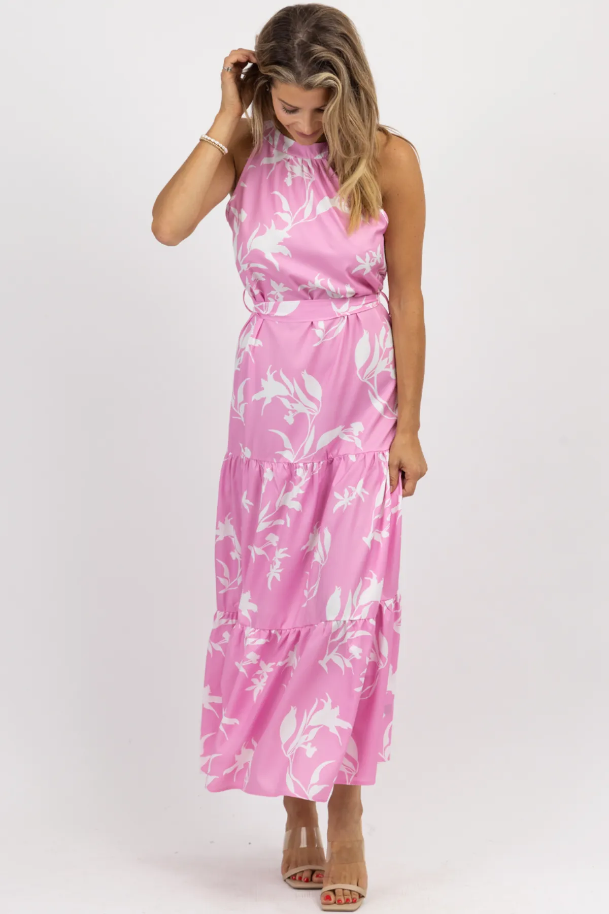 PEONY HALTER BELTED MAXI DRESS