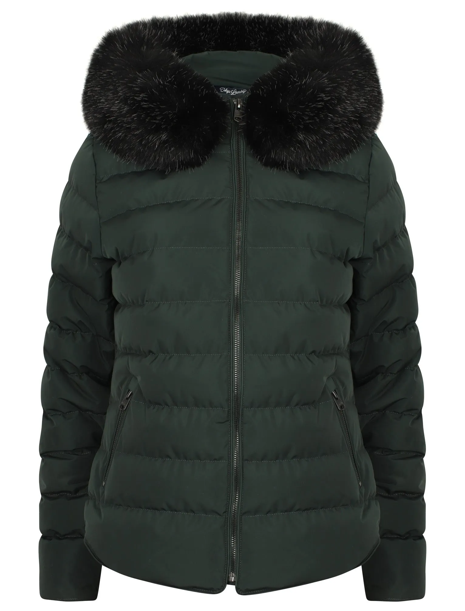 Pepper Quilted Hooded Jacket With Detachable Fur Trim In Dark Green - Tokyo Laundry