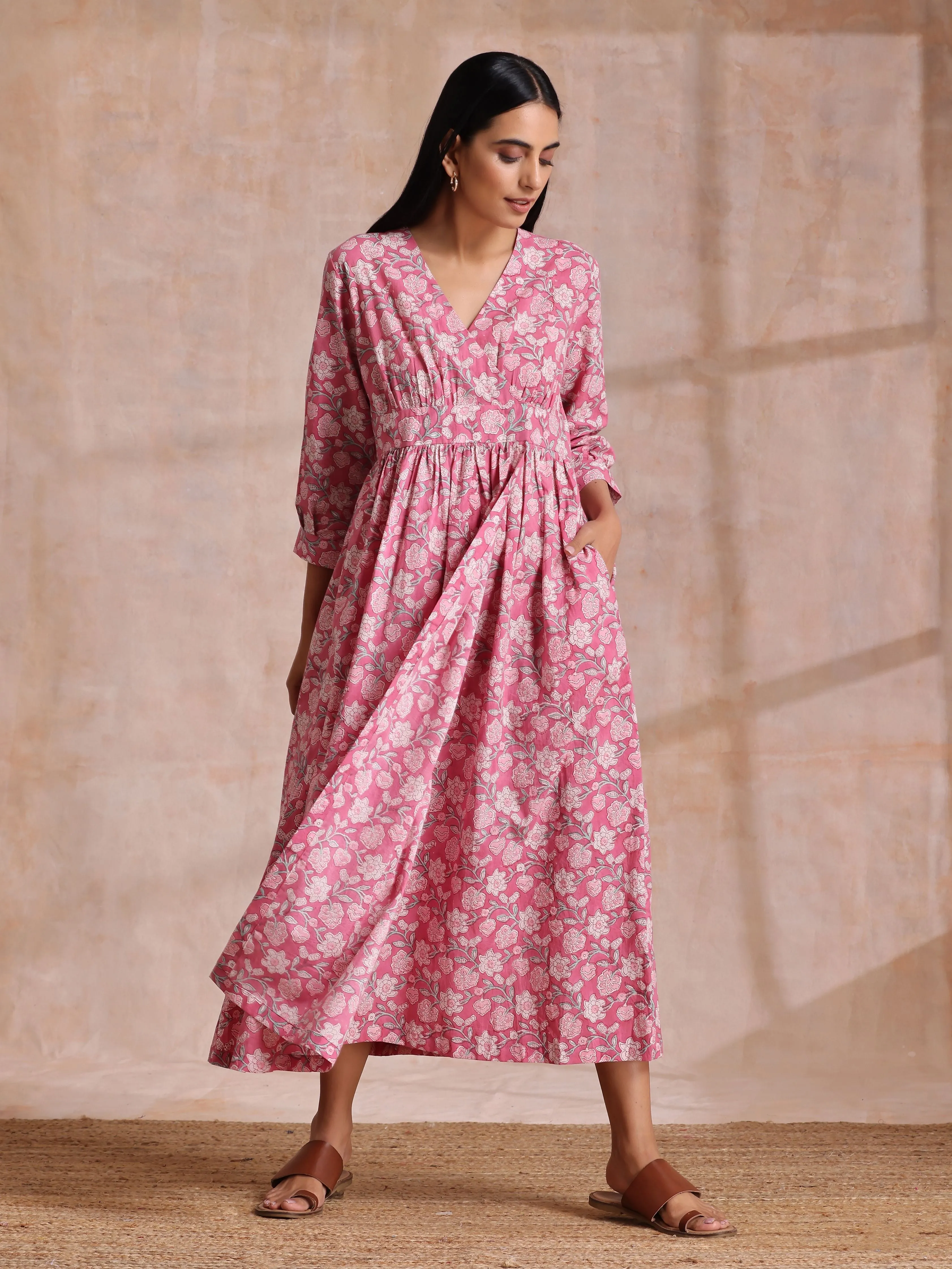 Pink Overall Floral Block Print Cotton Wrap Dress