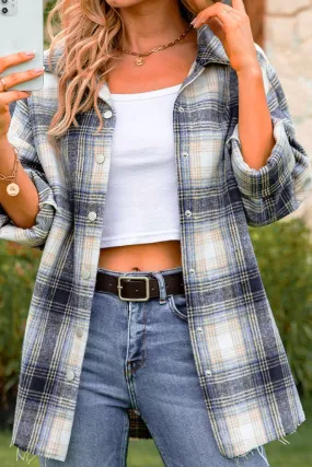 Plaid Front Open Button Raw Trim Autumn Outfits Jackets